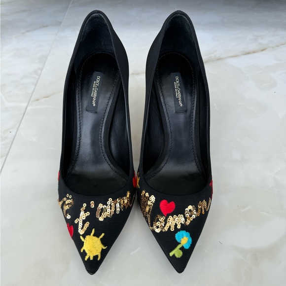 Pristine RARE Dolce & Gabbana Je Taime Maman Sequined Embroidered Pumps Sz 37 - Picture 3 of 13
